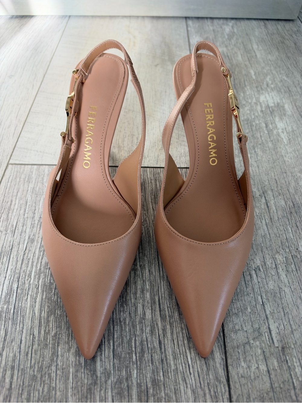 Salvatore Ferragamo Blush Tan Pointed-Toe Slingback Heels